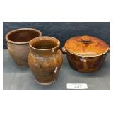 Old Hickory Stoneware & 2 Redware Crocks.