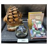 2 Sets Of Bookends & Glass Paperweight.