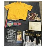 Red Sox Pennant, Redskins Helmet, Steelers Flag.