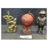 Cast Iron Still Banks, Globe, Clown & Farmer.