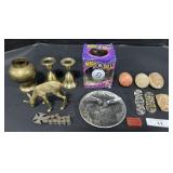 Brass Candle Holders, Carved Stone Eggs,