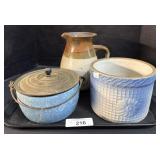 2 Tone Stoneware Pitcher, Lidded Dish & Planter.