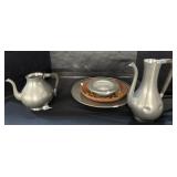 Redware Plate, Pewter Teapots & Plates.