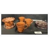 L Breininger Redware Planter, Cups & Dish.