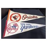 2 Vintage Baseball Pennants- Orioles, Yankees.