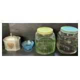 Uranium Glass Jar, Pewter Tea Caddy, EAPG Dish.