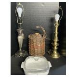 WWII Stoneware Rum Jar, Corningware Dish, Lamps.