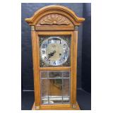 Vintage Oak Leaded Glass Pendulum Clock.