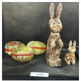 J.Bastian Carved Rabbit Figures, Paper Mache Eggs