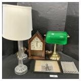 Mantle Clock, Lamps, Picture Frames, B&W Photo.