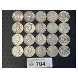 (20) 90% Silver Pre 64ï¿½ Franklin Half Dollars