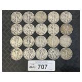 20 90% Silver Pre 64ï¿½ Walking Liberty Half Dollars