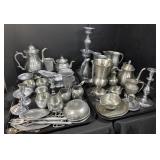 Large Lot Of Pewter Teapots, Cups, Utensils.