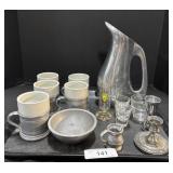 Pewter Mugs & Pitcher, Shot Glasses.