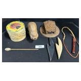 Carved Wood Wall Pocket, Vintage Wind Up Toy.