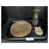 Schaum Pint Milk Bottle, Tobacco Bag, Woven Mat.