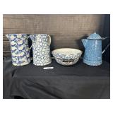 Vintage Stoneware Spongeware Pitchers & Bowl.
