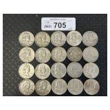 (20) 90% Silver Pre 64ï¿½ Franklin Half Dollars.