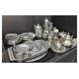 Pewter Serving Dishes, Plates, Tea Set.