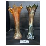 Marigold & Iridescent Carnival Glass Swung Vases.