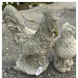 Concrete Rooster & Chicken Garden Sculptures.