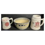 Signed Spongeware Bowl, Ursinus & Cornell Mugs.