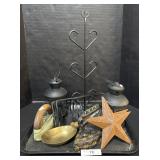 Sad Irons, Lanterns, Cast Iron Organizer.