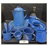 Graniteware Pitcher. Mugs, Plates.