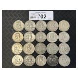 (20) 90% Silver Pre 64ï¿½ Franklin Half Dollars.