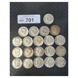 (19) 90% Silver 1964 Kennedy Half Dollars.