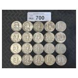 (20) 90% Silver Pre 64ï¿½ Franklin Half Dollars.