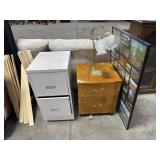 Steel Filing Cabinet, Brass Desk Lamp, Cherry End