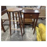 Mahogany Side Table, Oak Stool.