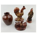 4 Breininger Pottery Redware Figurines & Jar.