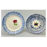 2 19th C Blue Spatterware Rosebud & Star Plates.