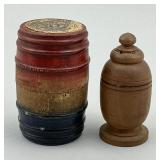 Treenware Shaker and Painted Vinegar Barrel Bank.