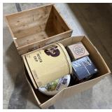 Advertising Tins & Wooden Box.