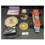 Stoneware Candle Holder, Race Car Decanter.