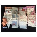 Vintage Kewpie Doll, Floral Handkerchiefs.
