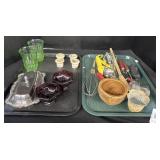 Uranium Glass Cups, Kitchen Utensils, Butter Dish.