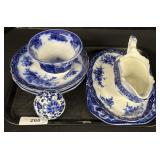 Blue Flow Transferware Cups Saucers And Gravyboat.
