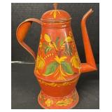 Red Floral Hand-Painted Toleware Coffee Pot.