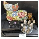 Cat Plush, Box, S&P Shakers, Candle Holder.
