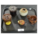 Smith Redware Pottery Creamer, Jars, Egg.