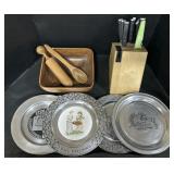 Pewter Plates, KitchenAid Knives, Wood Bowl.