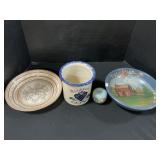 Stoneware Crock & Plate, Handpainted Wood Bowl.