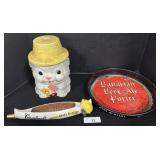 Vintage Cat Cookie Jar, Beer Adv. Tap & Tray.