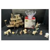 Copper Music Boat, Dog Figurines, Mikasa Bowl.