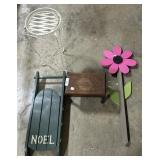 Metal Plant Stand, Wood Stool, Noel Sled.
