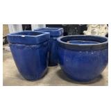 (3) Blue Decorated Stoneware Planters.